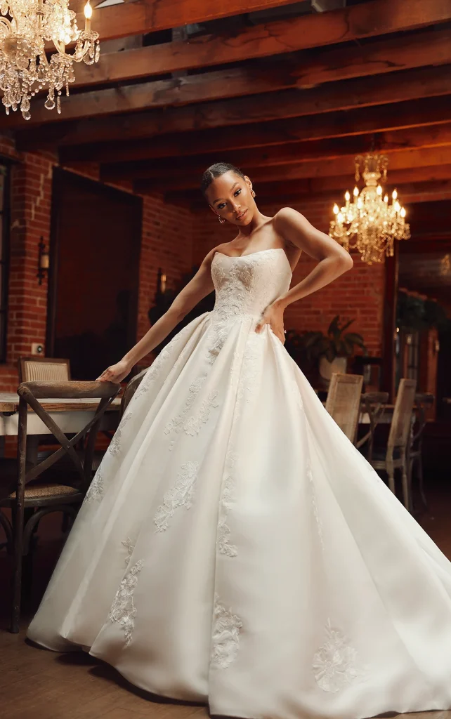 incredible mikado balgown with scooped cat-eye neckline