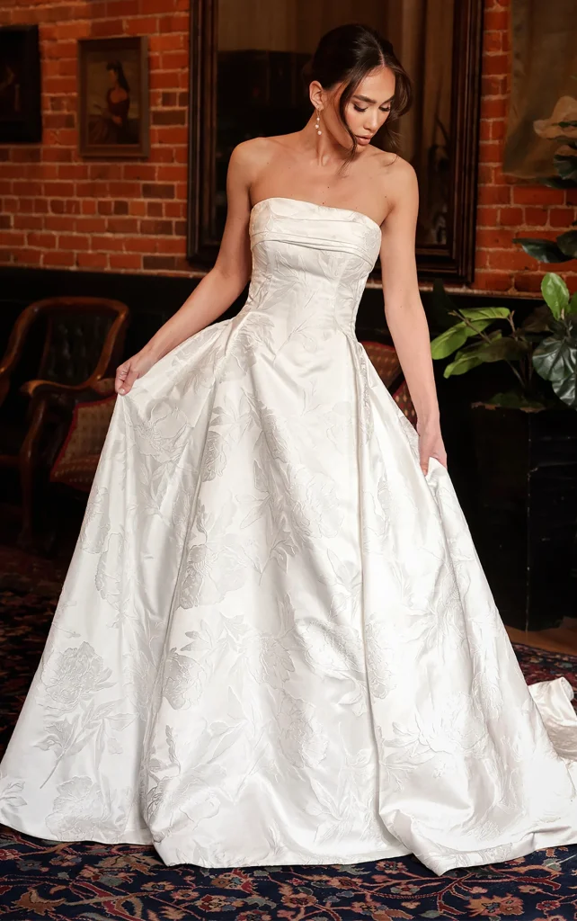 Strapless Satin Ballgown Wedding Dress with Folded Neckline and Pleated Skirt