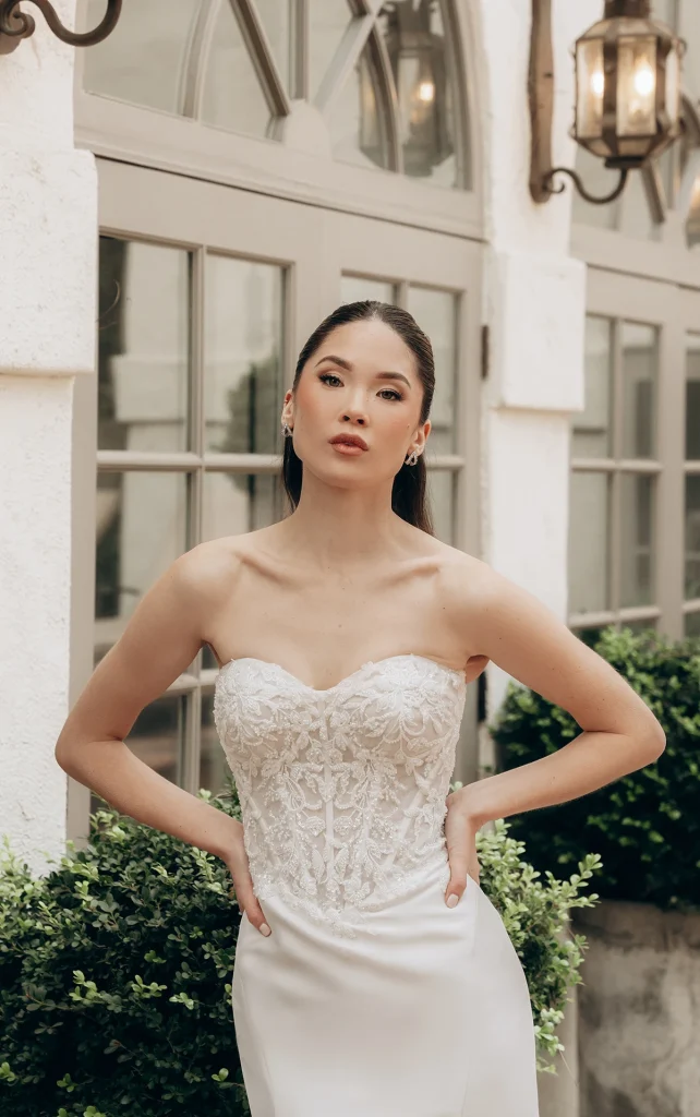 sweetheart wedding dress with beaded top and straight skirt