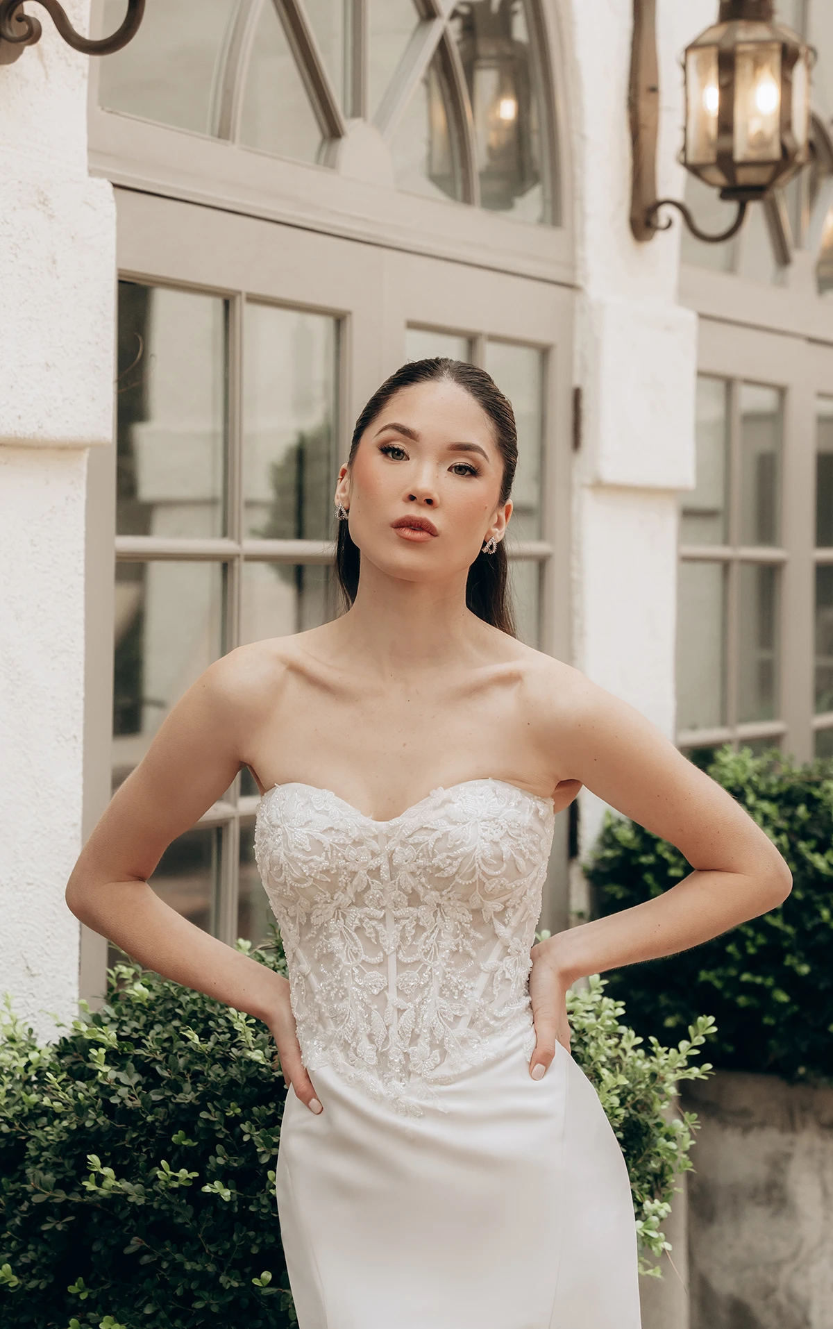 sweetheart wedding dress with beaded top and straight skirt