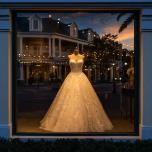 Princess style ballgown in Celebration FL bridal boutique window, an alternative to Disney Fairytale wedding dresses