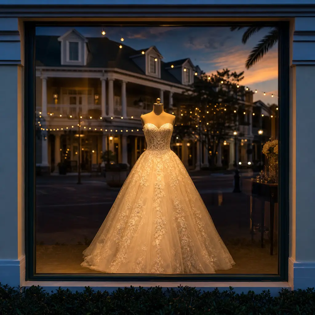 Princess style ballgown in Celebration FL bridal boutique window, an alternative to Disney Fairytale wedding dresses