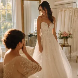 Bride in ivory wedding gown looking at her emotional mother on couch at Celebration FL bridal boutique
