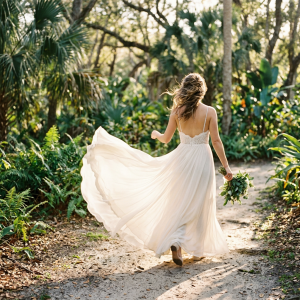 Bride in lightweight chiffon A-line wedding gown with skirt moving in breeze on a Central Florida garden path, designed for summer heat