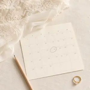 How long does it take to get a wedding dress? Flat-lay of bridal lace, a calendar, and a ring showing the ordering timeline.