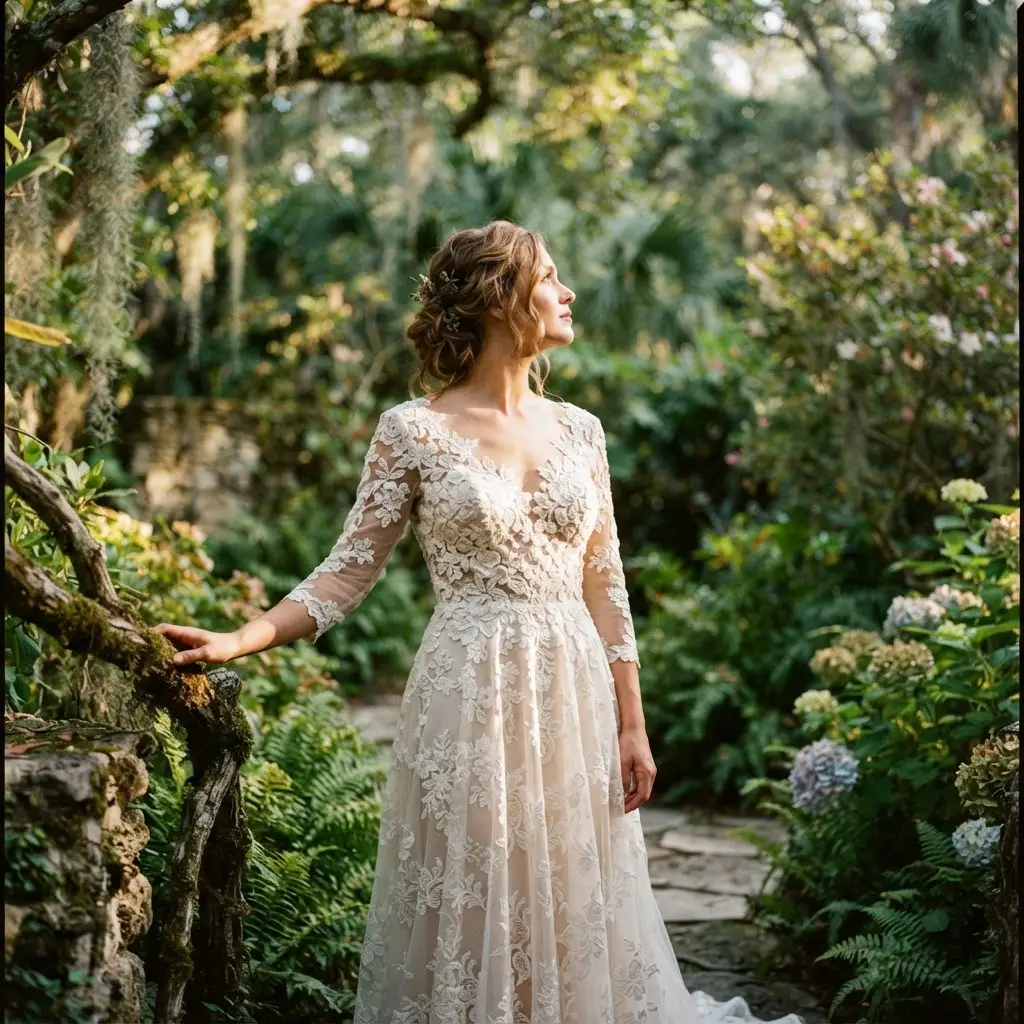 Lillian West wedding dresses in floral lace, worn by a bride in a lush Central Florida garden near Orlando in dappled light.