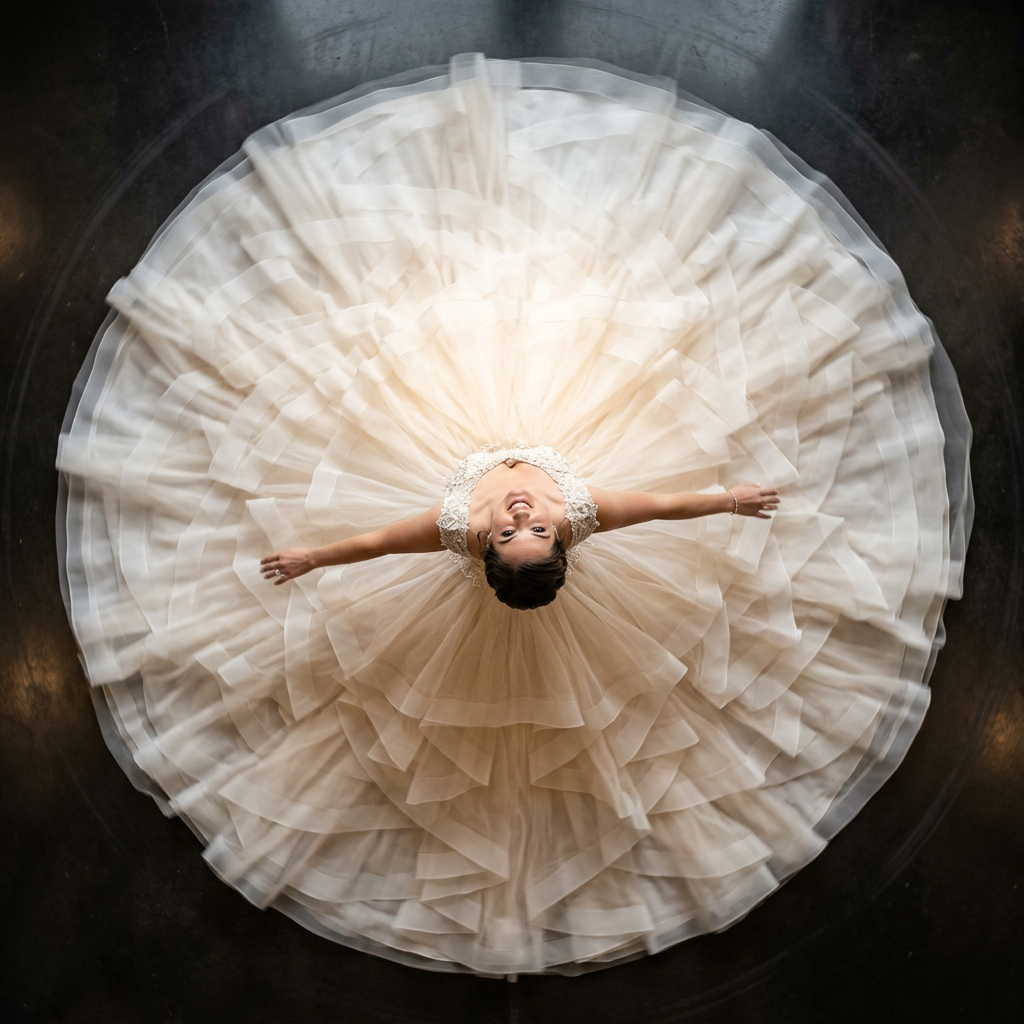 Ball gown wedding dresses shot from overhead, the layered tulle skirt opening into a circular bloom as the bride spins.