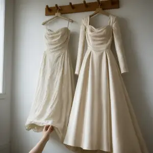 A vow renewal dress with long sleeves hanging beside an older strapless original wedding gown on a wooden peg rail.