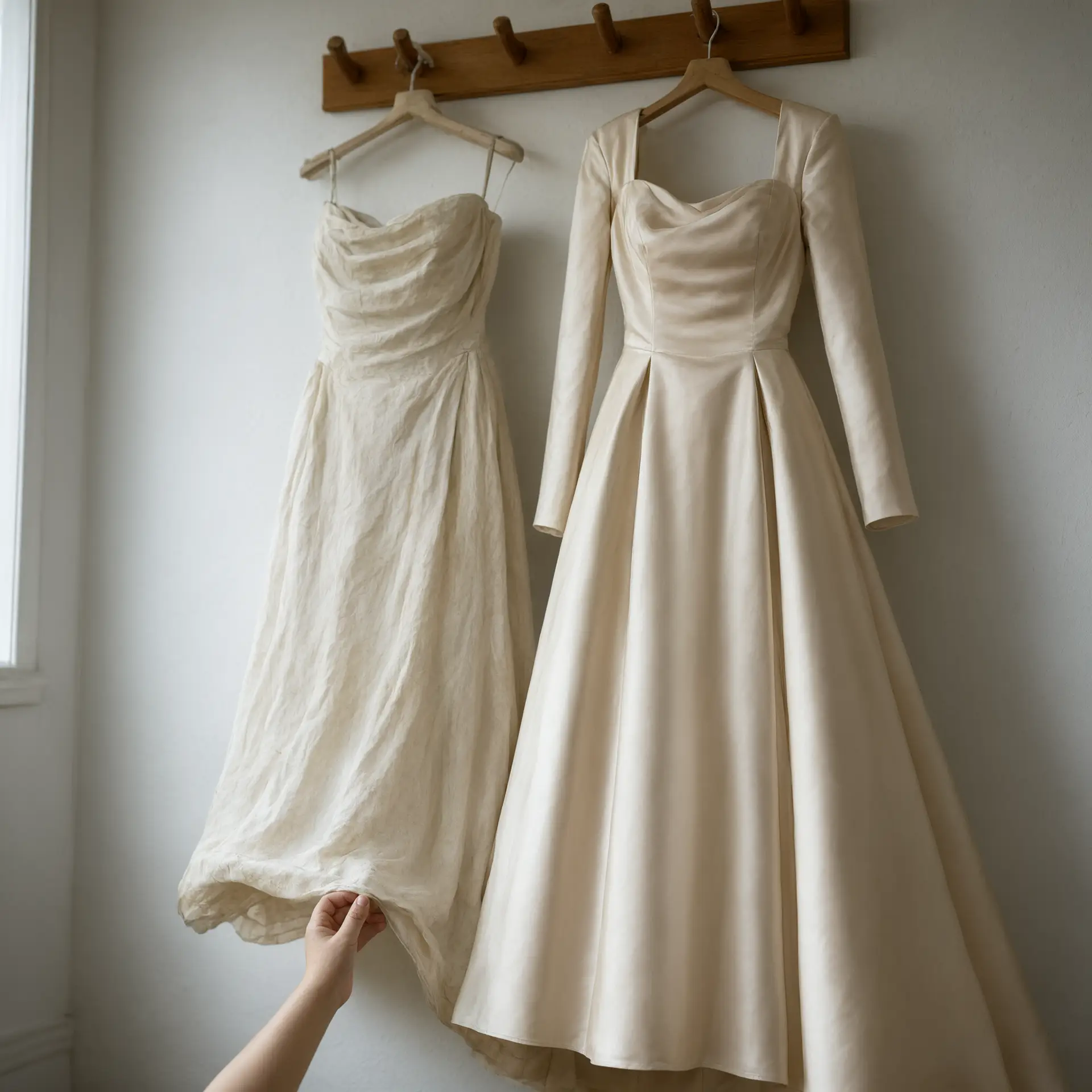A vow renewal dress with long sleeves hanging beside an older strapless original wedding gown on a wooden peg rail.