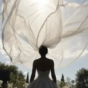 Wedding veils in motion, a backlit cathedral veil lifting fully into the air behind a still bride.