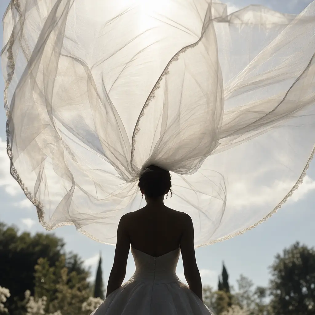 Wedding veils in motion, a backlit cathedral veil lifting fully into the air behind a still bride.