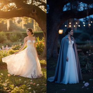 Winter wedding dresses in Central Florida, the same gown shown bare shouldered in afternoon light and caped at dusk.
